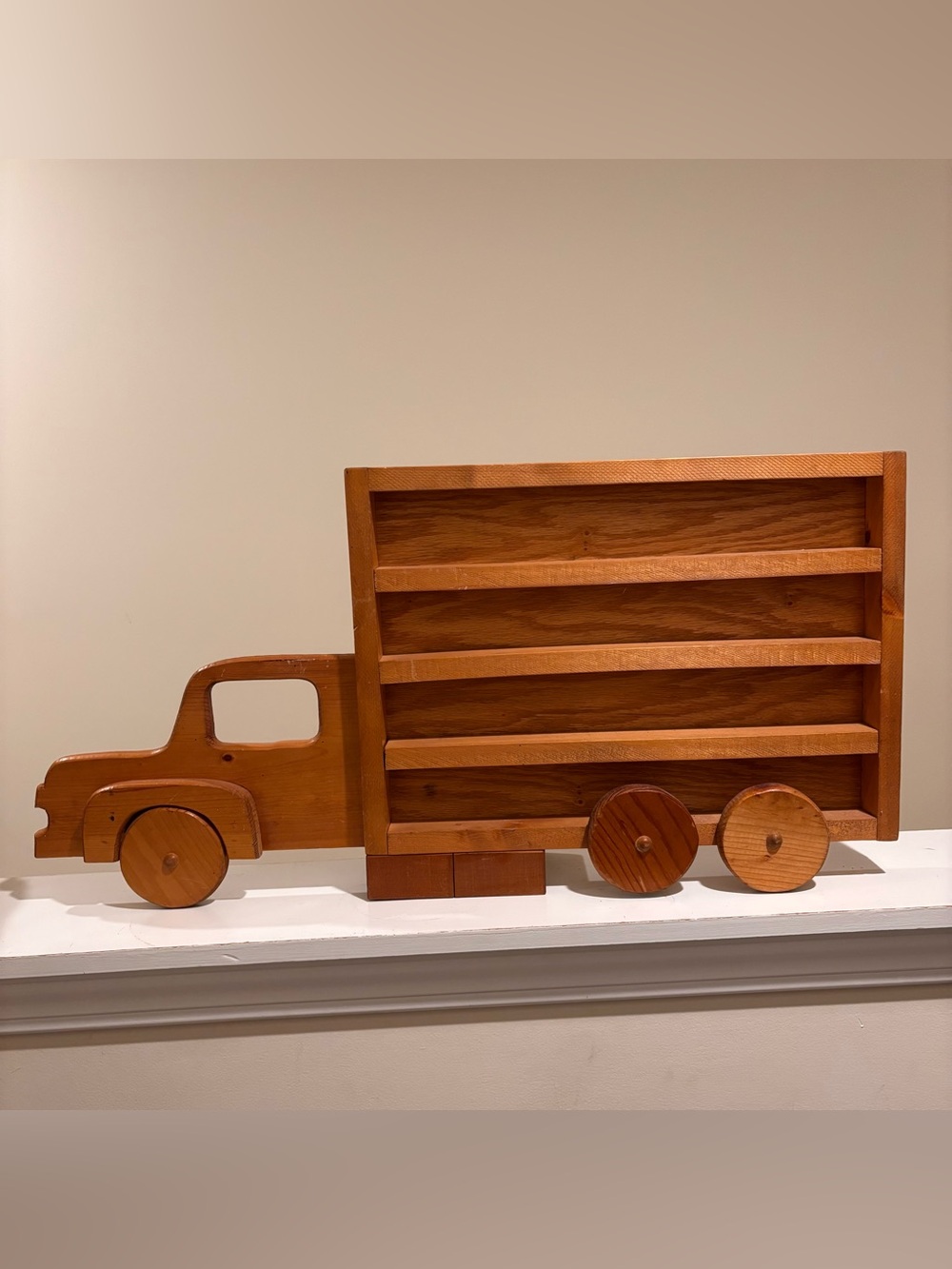 Vintage Handmade Wooden Truck Shelf Trinket Display - Warm Honey Brown